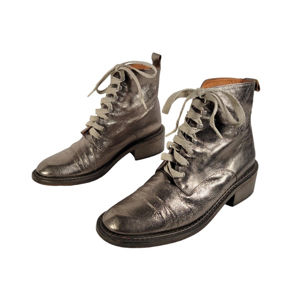 SPACE Styled in France Metallic Taupe Leather Combat Boot Women Sz 6.5 - Picture 2 of 14